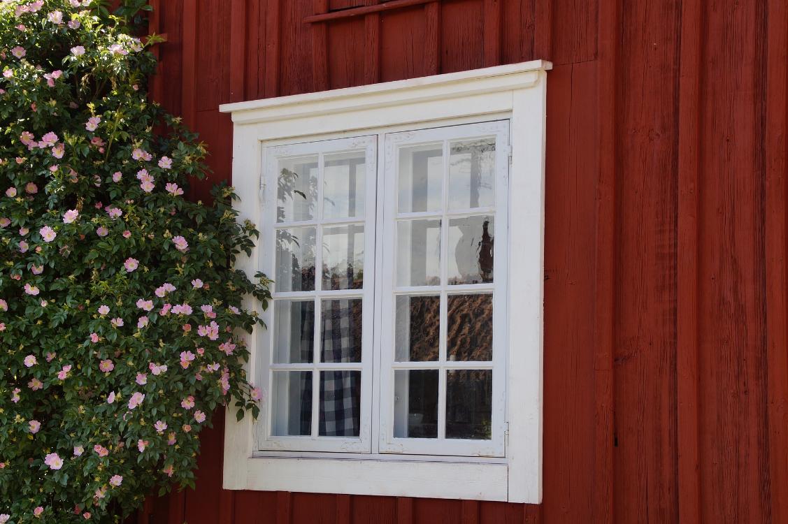 Gros plan sur une fenêtre blanche sur une cabane en bois rouge.